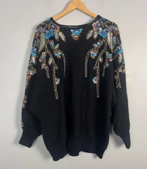 VTG Bonnie Boerer Floral Sequin Sweater Size 1X Black knit Y2K 90s beaded thumbnail 1