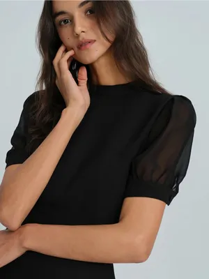 Rihoas Black Mock Neck Elegant Black Puff-Sleeve Mini Dress thumbnail 5