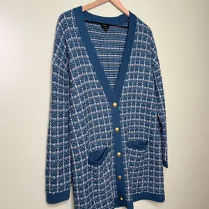 Talbots Merino Wool V Neck Cardigan Sweater Texture Plaid Blue White Size Medium thumbnail 5