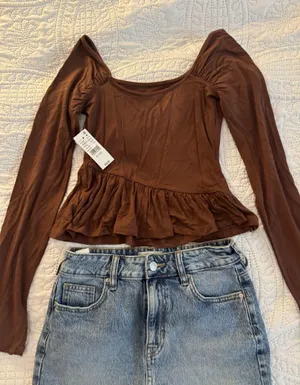 PacSun Brown Long Sleeve Top Cropped Ruffle thumbnail 1