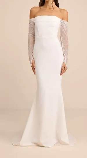 Lulus Lux Bridal NWOT Anabella White Off-the-Shoulder Mermaid Maxi Wedding Dress thumbnail 1