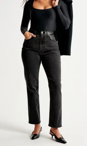 Abercrombie Mixed Fabric Curve Love Ultra High Rise Ankle Straight Jean thumbnail 1