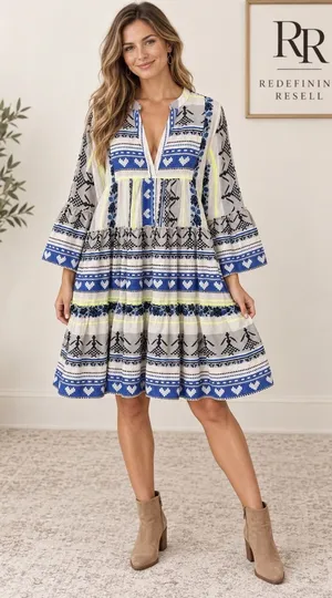 Devotion Twins Ella Dress Blue White Neon Yellow Embroidered Tiered Tunic Medium thumbnail 1