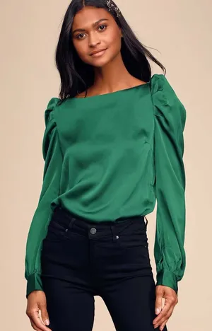 Lulus Love You Dearly Forest Green Satin Long Sleeve Top thumbnail 1