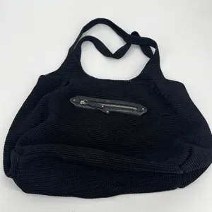 The Sak black crochet shoulder bag woven waffle knit fun interior outer zipper thumbnail 8
