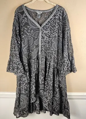 John Mark Womens Gray Sheer Embroidered Flare Sleeve Tunix‎ Top XL thumbnail 1