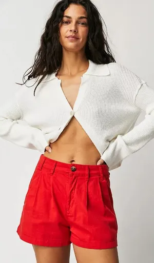 Free People Billie Chino Shorts Size 10 Red Relaxed Fit High Rise Pleated Preppy thumbnail 1