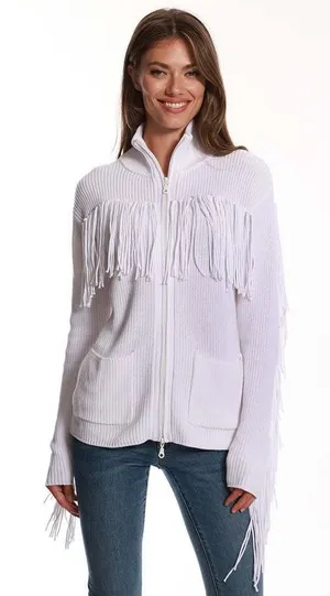 Minnie Rose White Cotton Shaker Mock Neck Zip Up Fringe‎ Jacket 8912 New thumbnail 1