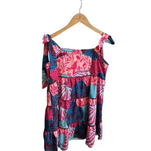 Umgee Womens Tropical Bird Print Tiered Mini Dress Pink Blue Tie Strap‎ Medium thumbnail 4