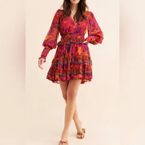 Farm Rio Tropical Derby Dress Bohemian‎ Floral Orange Pink Fairy Whimsical thumbnail 2