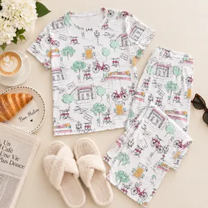 Joyspun Dreamy Soft Paris Cafe Print Pajama Set Short Sleeve Wide Leg Small 4-6 thumbnail 4