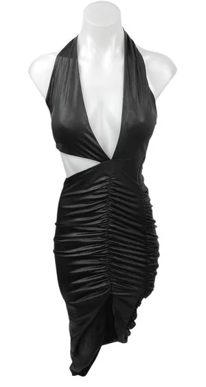 Oh Polly Black Faux Leather Halter V-Neck Cutout Ruched Mini Bodycon Dress Sz 2 thumbnail 1