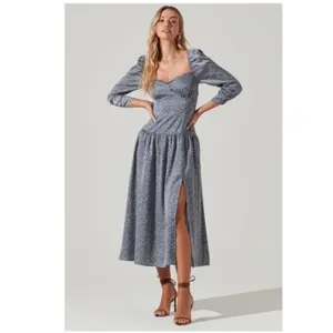 ASTR Puff Sleeve Sweetheart Neck Boho Satin Dress Blue Floral Size Small NWT thumbnail 2