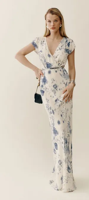 Reformation Cream Maxi Dress with Blue Floral Print Nayeli size 8 thumbnail 1