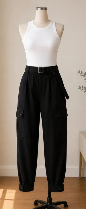 Zara Black Cargo Pants Belted Utility Jogger Snap Ankle Tapered Size M thumbnail 1