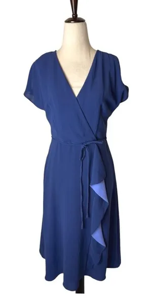 Adrianna Papell Dress Women 2 Blue Ruffle Faux Wrap‎ Mini Cocktail Party Career thumbnail 1