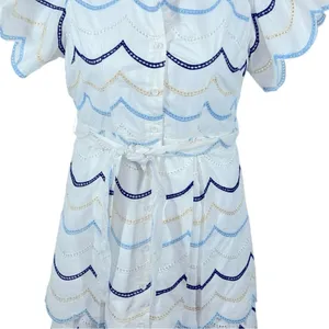 Boutique Blue White Eyelet Cottagecore Midi Dress Tie Waist XL thumbnail 4