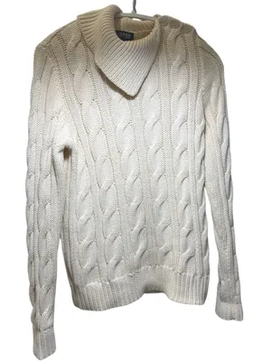Lauren Ralph Lauren Cable Knit Shawl Collar Pullover Cream Sweater Womens| Large thumbnail 1