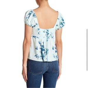 Free People Blue Floral Peasant Top XS Cottagecore Boho Puff Sleeve Babydoll thumbnail 7