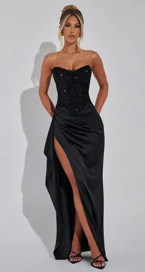 Babyboo emrielle Strapless Black Satin maxi Dress with Beaded Corset and slit thumbnail 1
