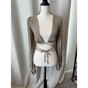 Princess Polly Cropped Top Womens 2 Beige knit Long Sleeve Boho Tie Waisted thumbnail 4