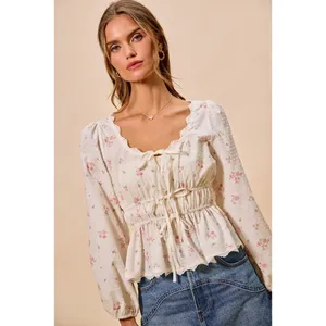 SO ME Floral Clip Dot Lace Trim Ruched Bodice Blouse - White - Medium thumbnail 6