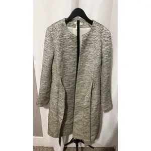 White House Black Market Metallic Tweed Tie Waist Coat Gray Cream Size 14 thumbnail 3