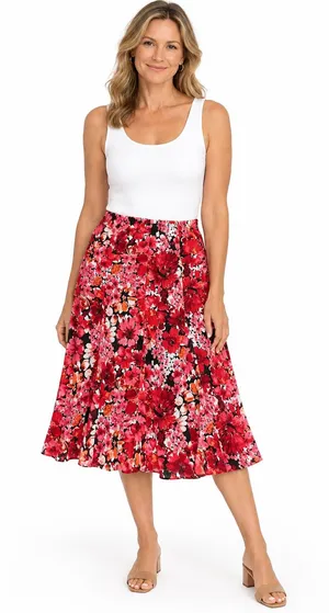 Laura Scott Women’s Floral Full Midi Skirt - Red Multi Size Medium thumbnail 1