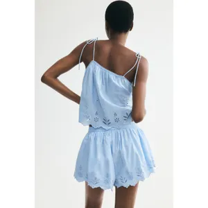 H&M Light Blue Eyelet Embroidery Pull on Skirt Skort Shorts Size L thumbnail 2