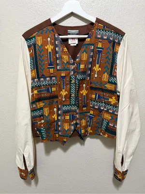Vintage Rockies Western Southwestern Print Tie Back Shirt Blouse Large thumbnail 1