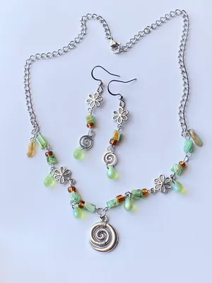 Handmade quality glass beads & flower fairy boho cottage whimsical dangle earrings & necklace set💐🍃 thumbnail 1