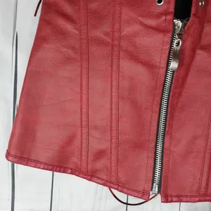 Charmian Renisssnce Red Faux Leather With Boning Corset Top with Zipper And Lace thumbnail 2