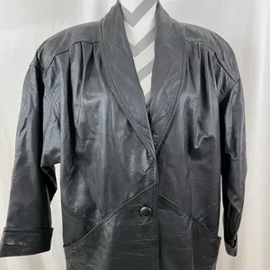 Jacqueline Ferrar Vintage 90s Black Leather Trench Coat Oversized Minimalist Long Coat - Size M thumbnail 4