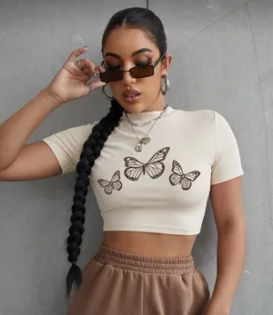 SheIn NWOT Butterfly Print Short Sleeve Cropped Tee M thumbnail 1