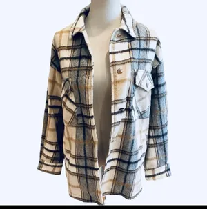 Zara Plaid Wool Flannel Oversized Jacket Shacket Shirt Tan Brown White M Cozy thumbnail 3