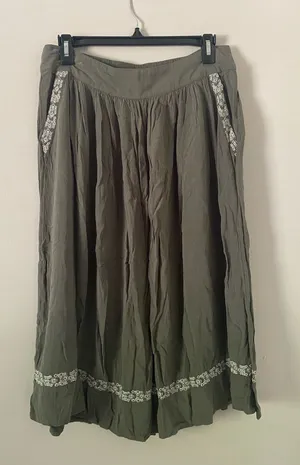 Olive Green Midi Skirt with Embroidered Trim thumbnail 1