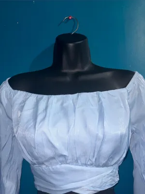 Light Blue Off-Shoulder Crop Top with tie back thumbnail 2
