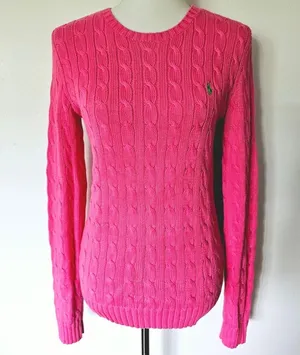 Ralph Lauren Fuchsia & Lime Cable Knit Cotton Crewneck Sweater Size Medium thumbnail 2