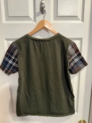 Zara Olive Green Tee with Brown & Navy Plaid Sleeves thumbnail 7