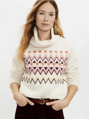 LOFT Fair Isle Mock Neck Sherpa S Top Pullover Turtleneck Sweater Teddy‎ NWT thumbnail 1
