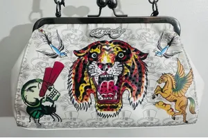 NWT Ed Hardy Tiger Kiss Lock Shoulder Bag Y2K Tattoo‎ Rhinestone Bling Purse thumbnail 1