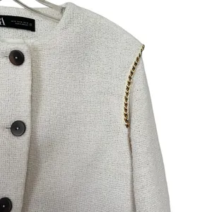 ZARA Pronounced Shoulder Textured Jacket Ecru Cream Wood Buttons Size XS Rare thumbnail 6