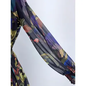 Alex Marie Floral Chiffon Smocked Mock Neck Sheer Sleeve Dress Navy 8 thumbnail 5