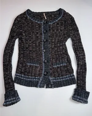 Free People Womens Walk In The Park Cardigan‎ Sweater M Cotton Blend Brown Blue thumbnail 1