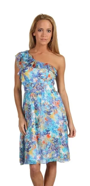 Tahari ASL Keeli Floral One Shoulder Ruffle‎ Midi Dress Size 6 NWT Wedding Guest thumbnail 1