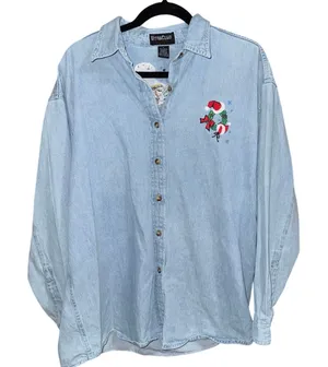 vintage Ultra Club denim shirt Christmas embroidery Trains wreath button up L thumbnail 1