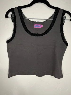 Edikted Alix Lacey Ribbed‎ Gray Scoop Crop Black Lace Trim Tank Top thumbnail 4
