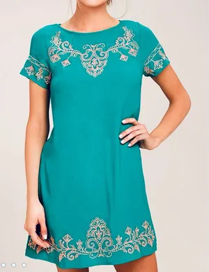 Lulus Tale to Tell Pink and Teal Green‎ Embroidered Shift Dress SMALL thumbnail 1