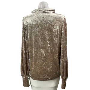 Leha Women Beige Velvet Velour Long Sleeve Tie Bow Mock Neck Blouse Top Size M thumbnail 3
