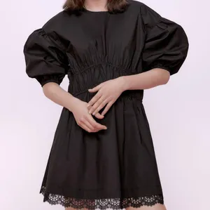 Zara Mini DRESS W/ MATCHING LACE TRIM BALOON SLEEVES Black Size XS NEW thumbnail 8